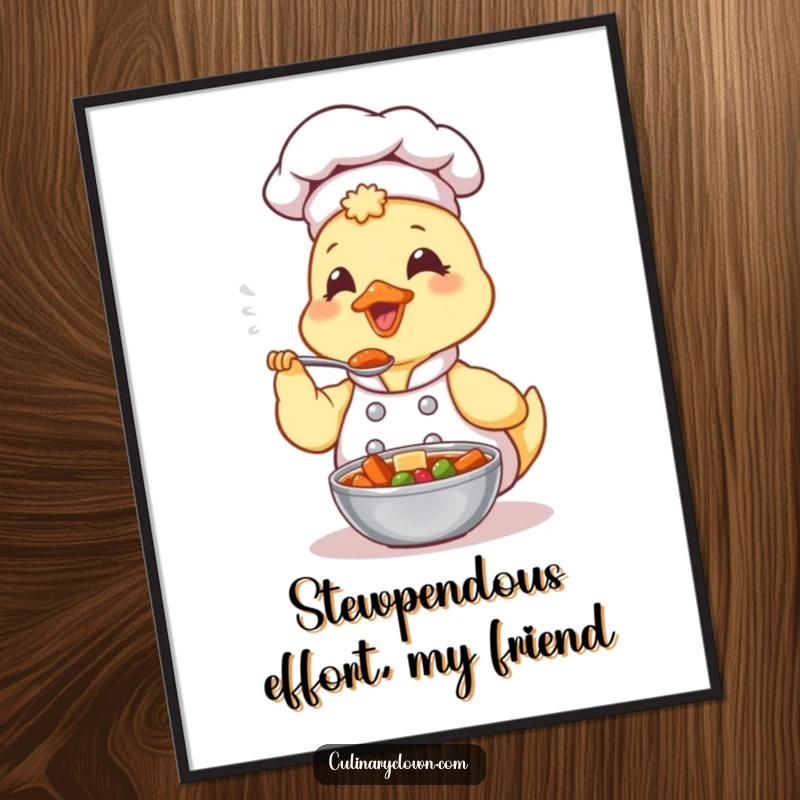 Funny Free Printable Wall Art: A kawaii duck chef closes eyes blissfully while tasting a steaming spoonful of stew, a picture of culinary happiness.