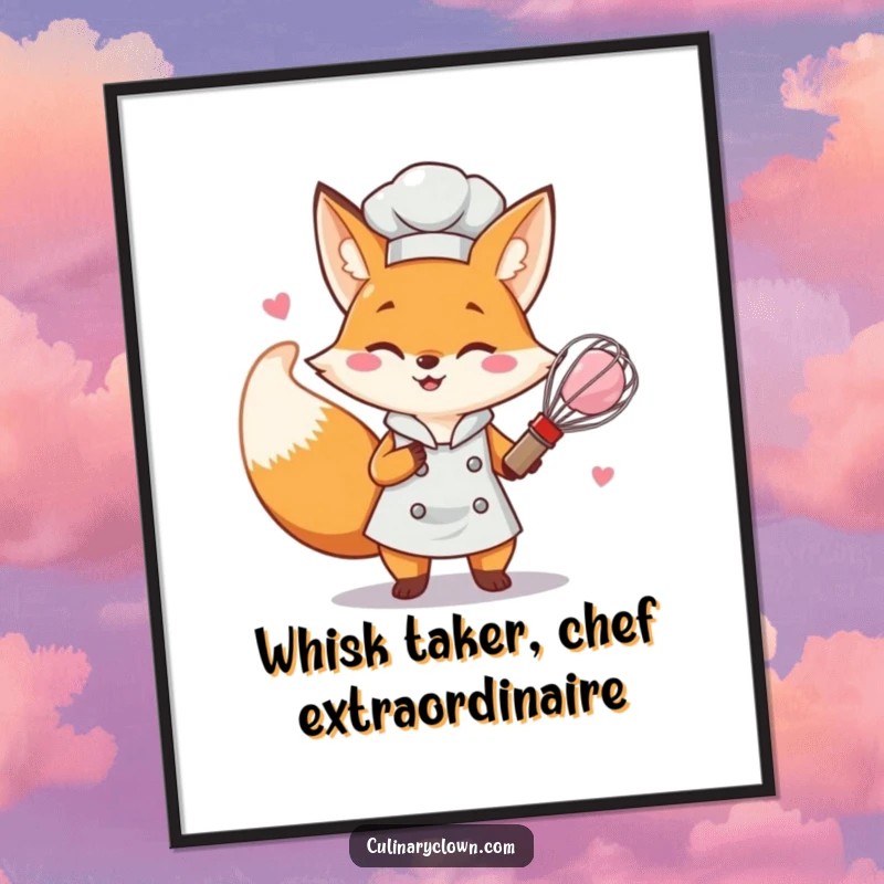 Funny Free Printable Wall Art: Determined fox chef whisking pink batter, a humorous addition to any kitchen.
