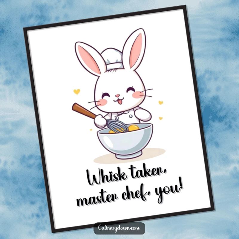Funny Free Printable Wall Art: A kawaii rabbit chef enthusiastically whisks, adding cute culinary vibes to your home.