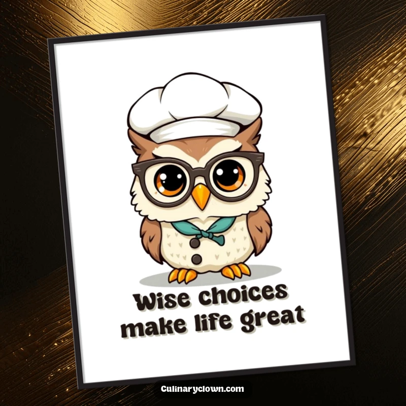 Funny Free Printable Wall Art: Kawaii owl chef with spectacles perched on its beak, looking wise and ready to cook.