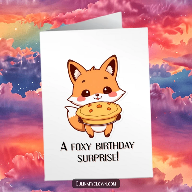 Funny Free Printable Birthday Card: A cheerful fox proudly holds up a freshly baked pie, ready for birthday wishes.