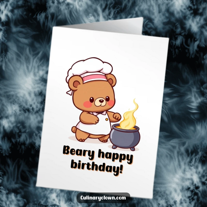 Funny Free Printable Birthday Card: Cute bear chef wearing a chef hat stirring a bubbling cauldron, brewing birthday magic.