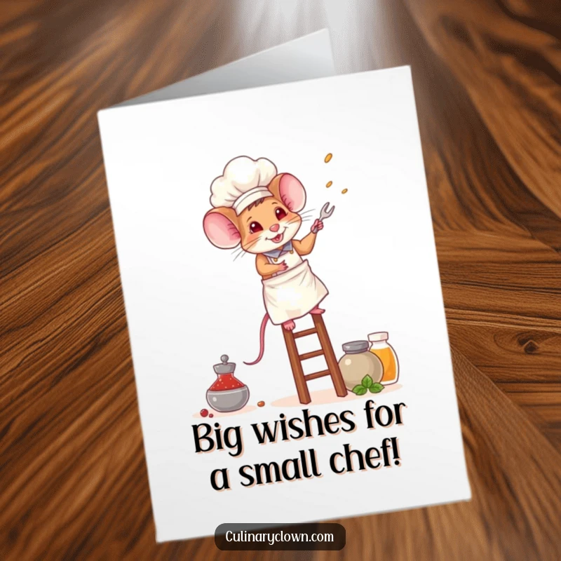 Funny Free Printable Birthday Card featuring a brave little mouse chef scaling a tall ladder to grab spice jars.