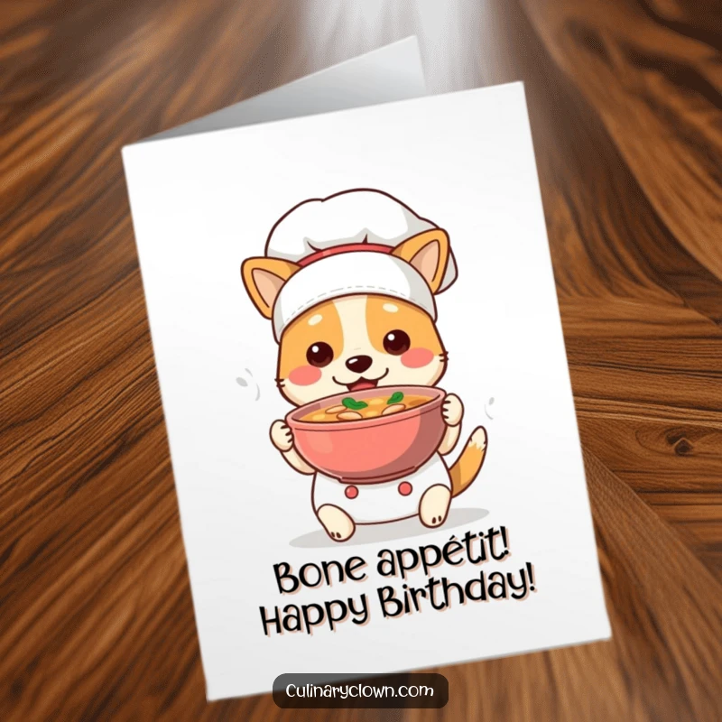 Funny Free Printable Birthday Card: A cute dog chef proudly serves steaming soup, ready to celebrate your special day.