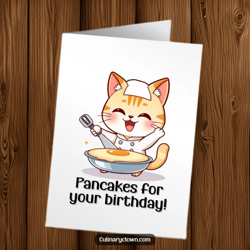Funny Free Printable Birthday Card: Smiling cat chef enthusiastically attempting to flip a giant pancake with birthday cheer.