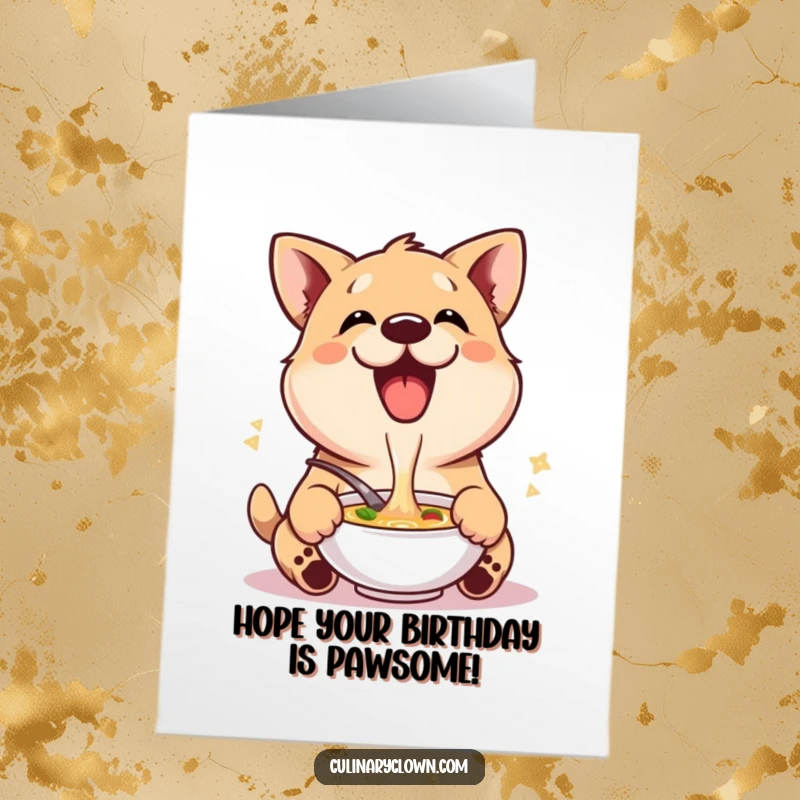 Funny Free Printable Birthday Card: A delighted dog character with a happy expression, enthusiastically tasting a bowl of soup.