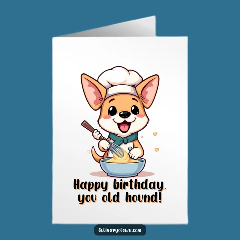 Free Printable Birthday Card: Energetic Dog Chef Whisking Pancakes Downloadable Gift