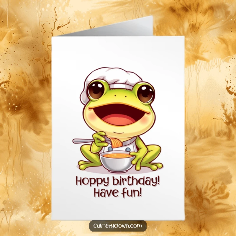 Funny Free Printable Birthday Card showing a joyful frog chef with a big smile, enthusiastically tasting a soup sample.