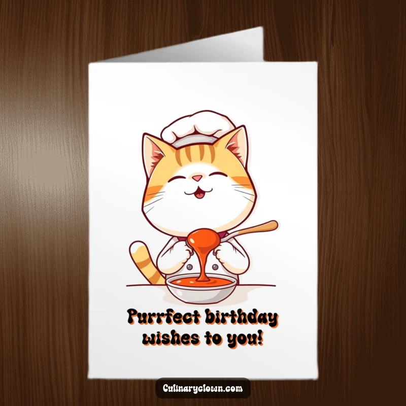 Funny Free Printable Birthday Card: A kawaii cat chef giggling while tasting a spoonful of sauce on their birthday.