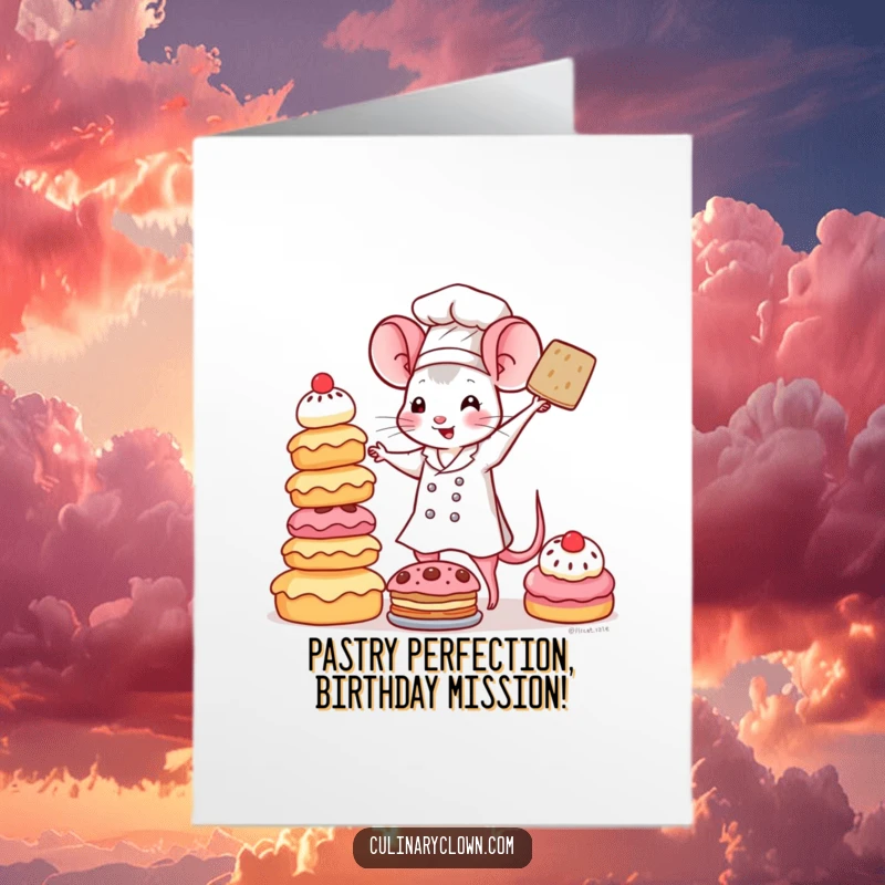 Funny Free Printable Birthday Card: Kawaii mouse chef precariously balancing a tall stack of delicious pastries, looking stressed but cute.