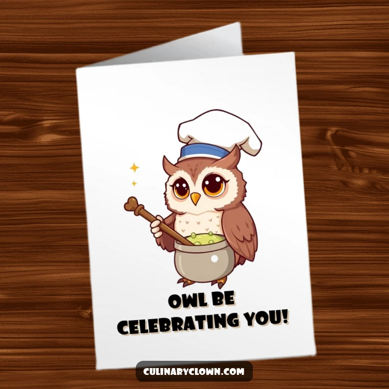 Funny Free Printable Birthday Card: a curious owl chef stirring a bubbling potion with a wooden spoon, looking wise.