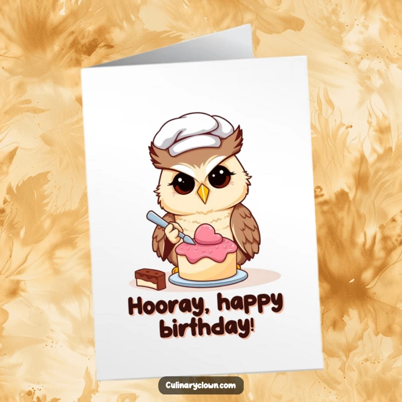Funny free printable birthday card showing a determined owl chef meticulously decorating a comically tiny cake with great focus.