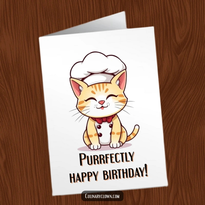 Funny Free Printable Birthday Card: A mischievous cat struggling to keep a giant chef hat from falling over its eyes.