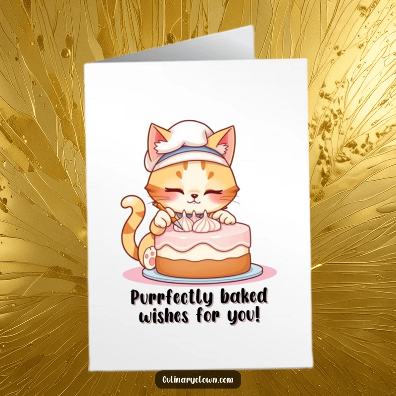 Funny Free Printable Birthday Card: Mischievous cat chef frosting a cake with tiny swirls, perfect DIY gift.