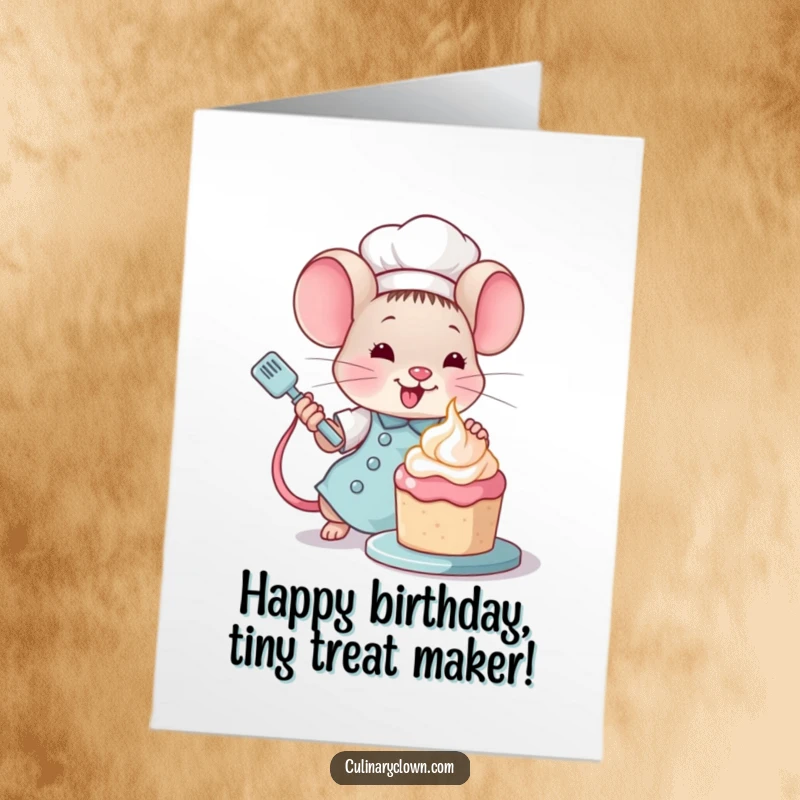 Funny Free Printable Happy Birthday Card: Kawaii mouse chef excitedly frosting a tiny cake, wishing a sweet day.
