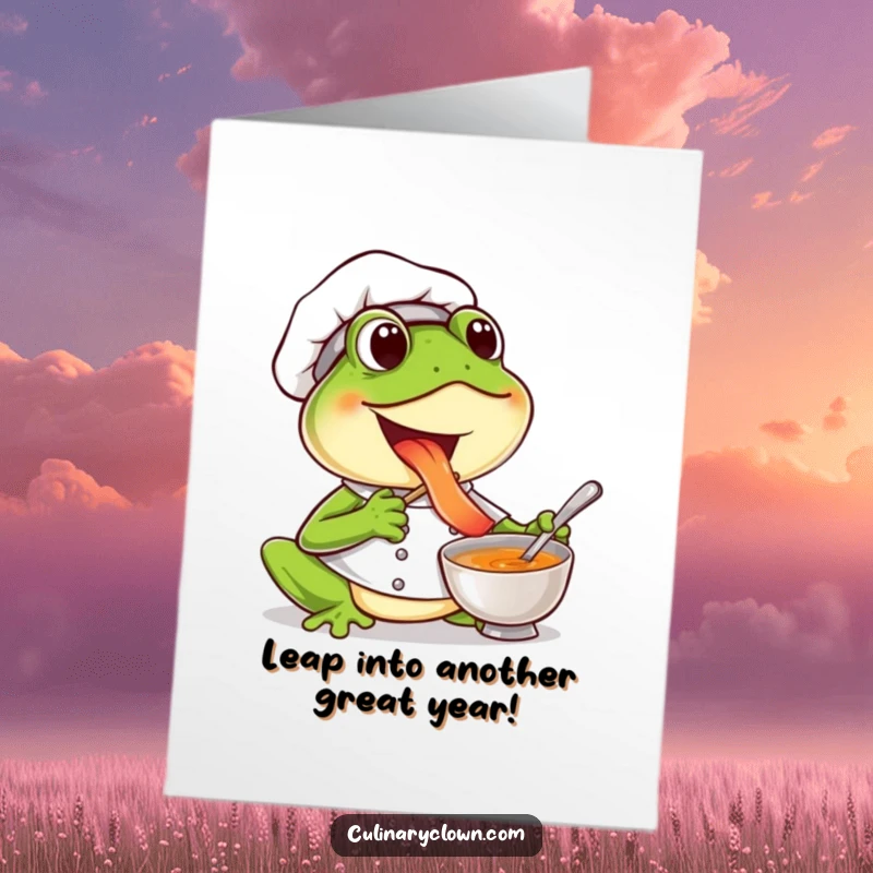 Funny free printable birthday card of a happy frog chef joyfully tasting soup, celebrating with delicious excitement and good wishes.