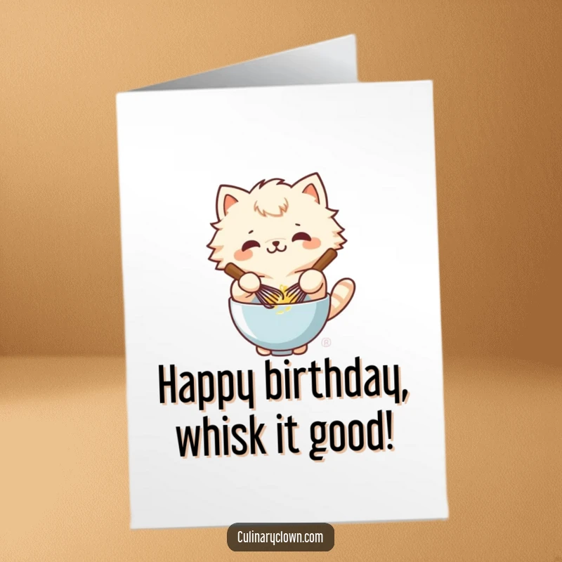 Gleeful Free Printable Birthday Card: a fluffy kawaii cat humorously whisking batter with pure joy, a funny cat lover gift.