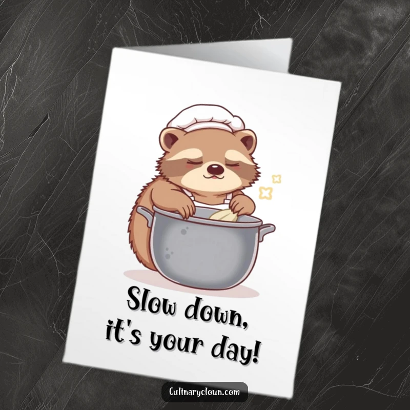 Funny free printable birthday card of a sleepy sloth chef slowly stirring a pot with a grin, perfect for slow and steady celebrations.