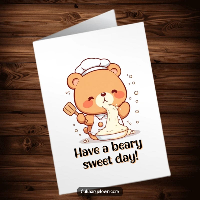 Funny free printable birthday card featuring a kawaii bear chef covered in flour after an accidental spray.