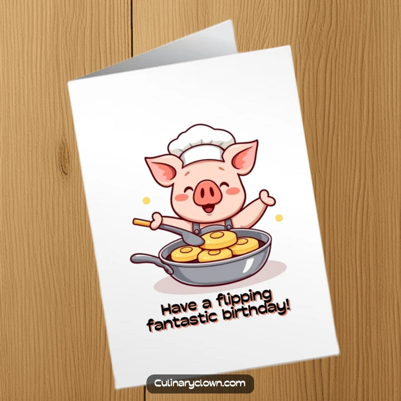 Funny Free Printable Birthday Card: Kawaii pig chef happily flips pancakes, celebrating your special day.