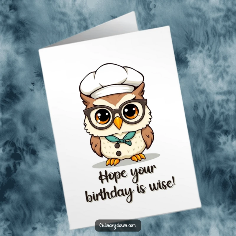 Funny Free Printable Birthday Card: Kawaii owl chef with spectacles perched precariously, ready for a birthday feast.