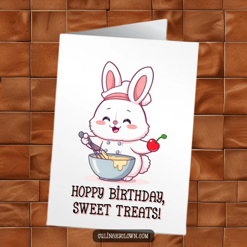Funny Free Printable Birthday Card: A fluffy bunny chef with ears flopped, vigorously whisking batter with a cherry on top.