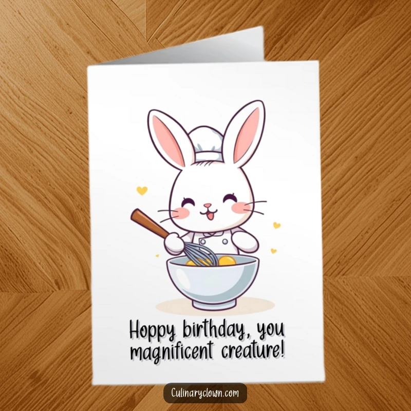 Funny Free Printable Birthday Card: Kawaii rabbit chef joyfully whisks batter, ready for a delicious celebration.