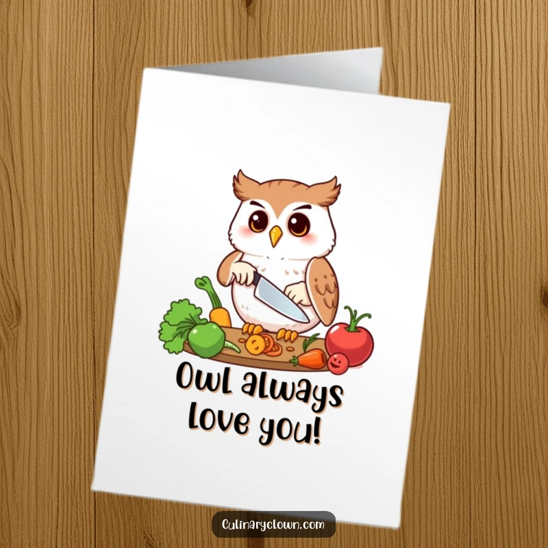 Funny Free Printable Birthday Card: A wise owl diligently chops vegetables with precision, ready for a festive meal.