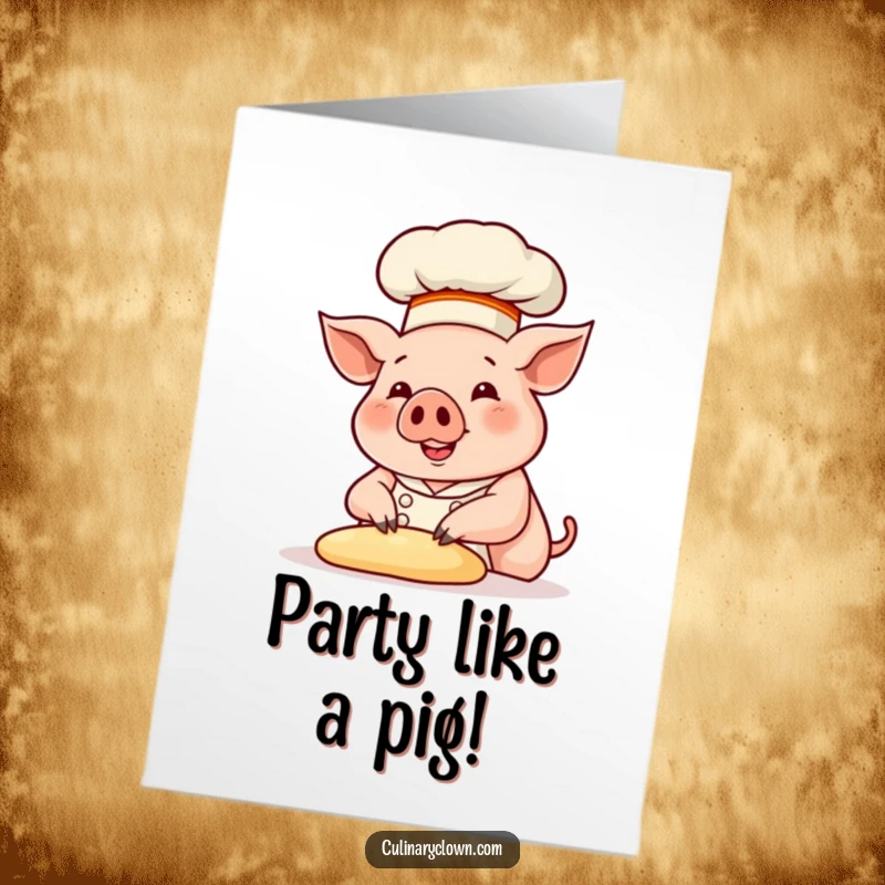 Funny Free Printable Birthday Card: A smiling pig chef in a tall hat enthusiastically kneading dough, ready for a party.