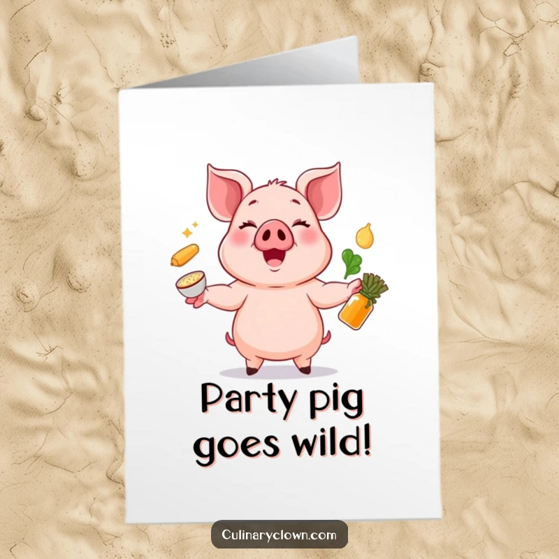 Funny Free Printable Birthday Card: Cheerful pig character energetically juggling various food ingredients, celebrating a birthday with fun.