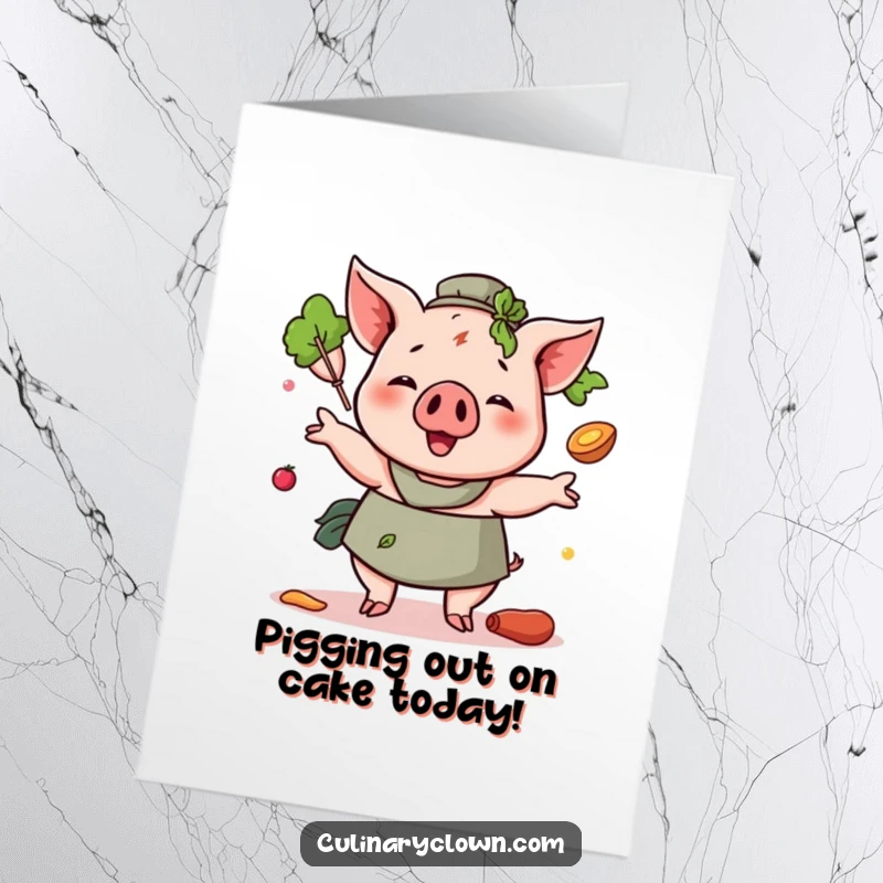 Funny Free Printable Birthday Card featuring a cheerful pig chef juggling flour, eggs, and a whisk, ready for baking fun.
