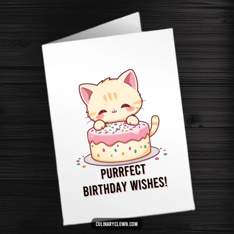 Funny Free Printable Birthday Card: A playful cat adorably decorates a cake with a shower of colorful sprinkles.