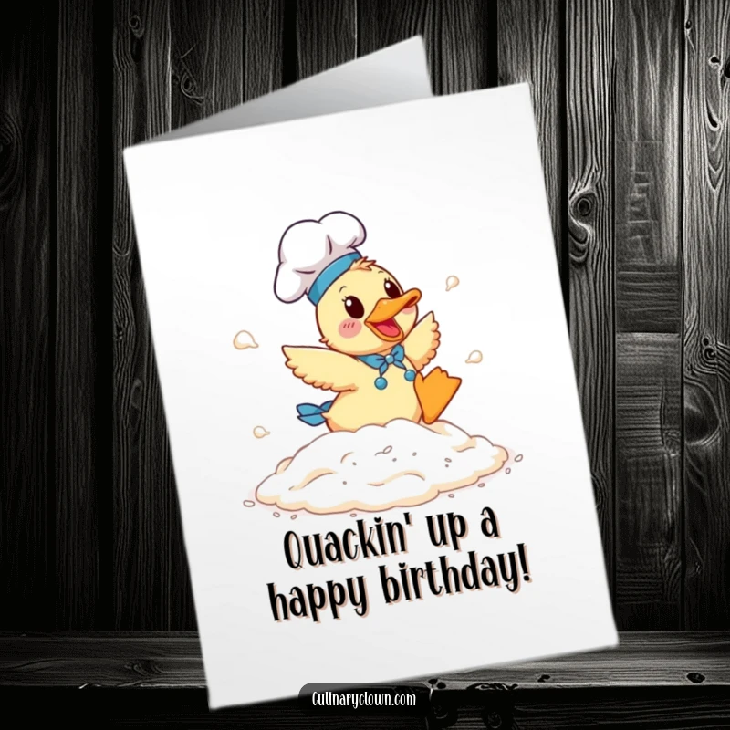 Funny Free Printable Birthday Card: A joyful duck chef tumbling happily in a large pile of white flour.