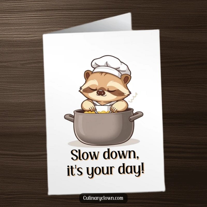 Funny Free Printable Birthday Card featuring a very sleepy sloth chef lazily stirring a huge pot of soup.