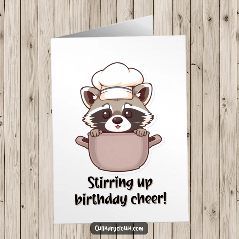 Funny Free Printable Birthday Card: Chef raccoon peeking from behind a pot, ready to surprise with a culinary delight.