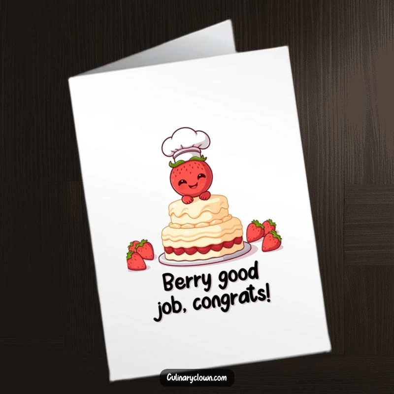 Funny free printable congratulations card featuring a laughing strawberry chef adding the final touches to a festive cake, celebrating success.