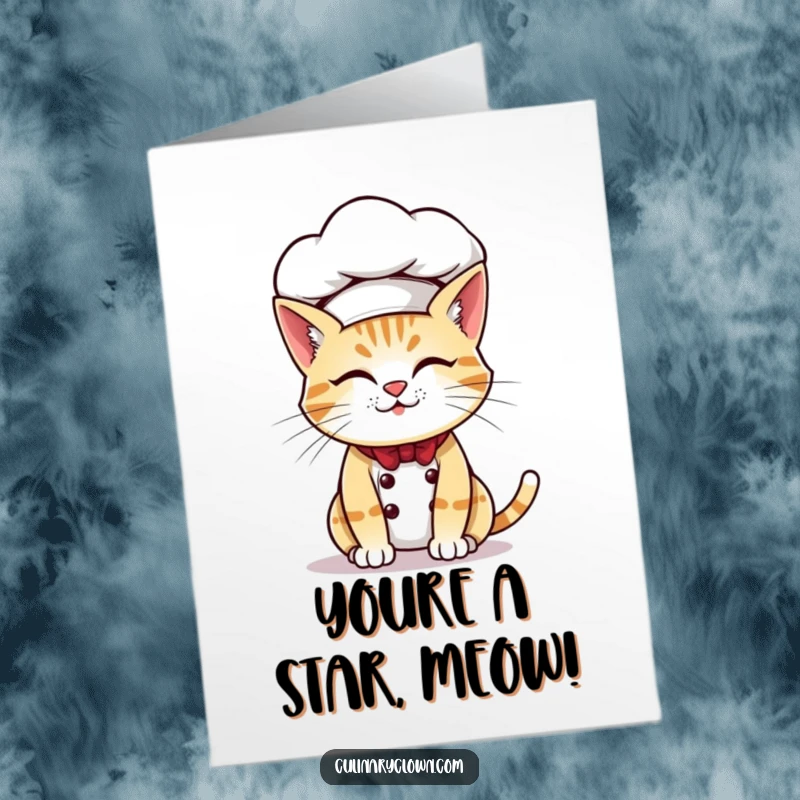 Funny Free Printable Congrats Card: A determined cat chef with a comically oversized hat, looking ready to conquer any culinary challenge.