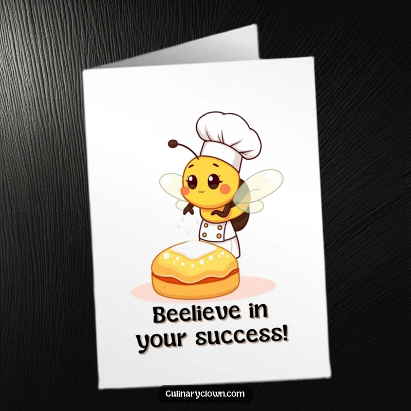 Free Printable Congratulations Card: A busy bee chef sprinkling sugar onto a pastry and celebrating achievements.