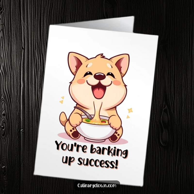 Free Printable Congratulations Card featuring a delighted dog character joyfully slurping soup, celebrating a great achievement.