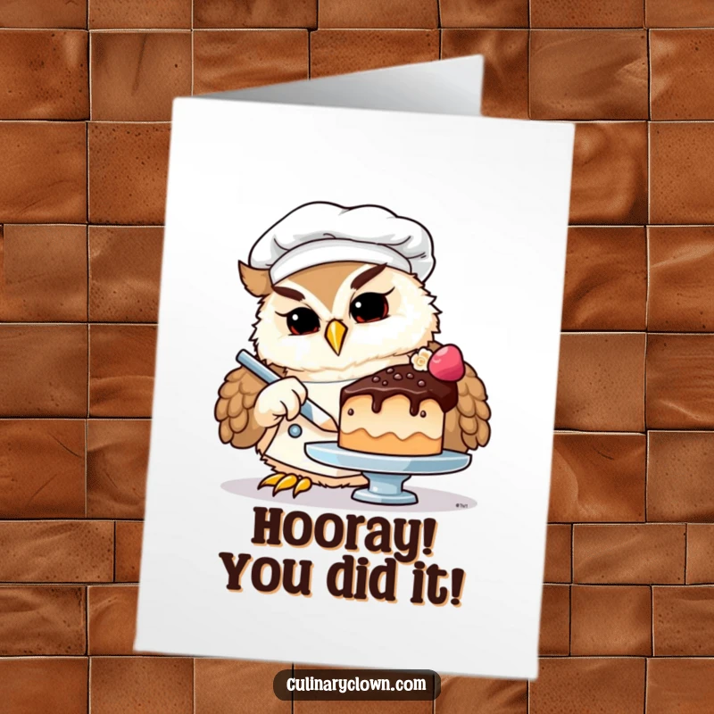 Funny Free Printable Congratulations Card showcasing a proud owl chef admiring a perfectly decorated tiny cake, ready to celebrate.