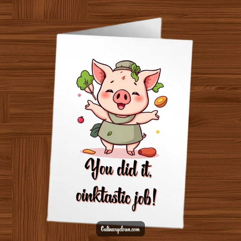 Funny Free Printable Congratulations Card shows a happy pig chef juggling cooking ingredients like a culinary maestro.