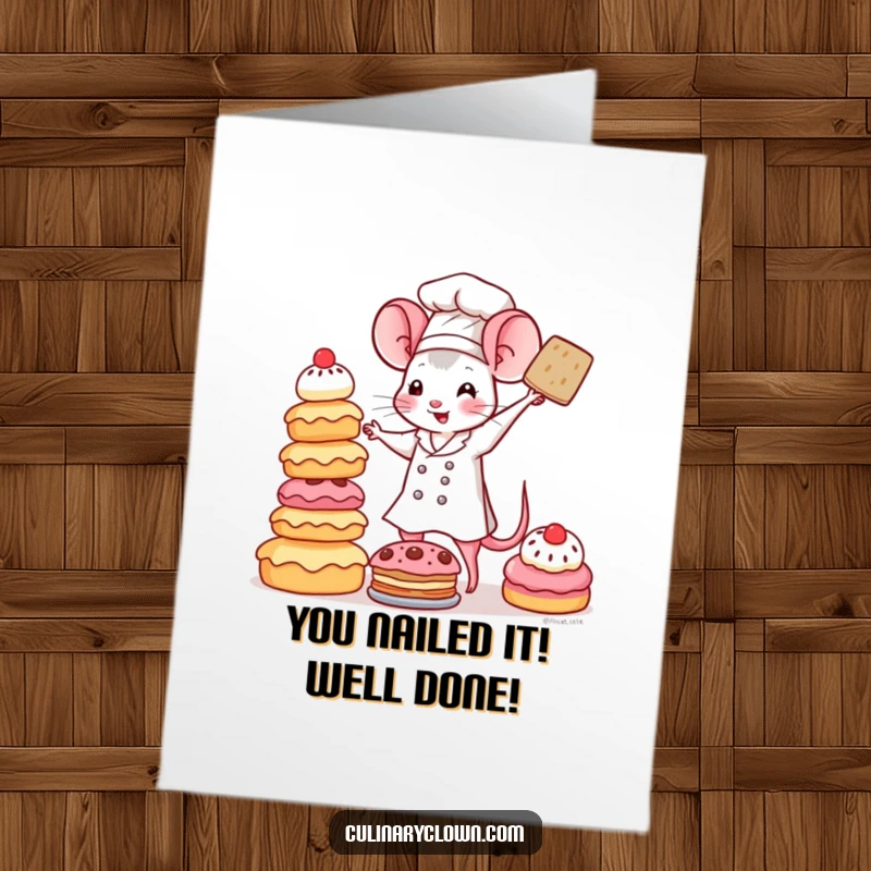Funny Free Printable Congratulations Card: Kawaii mouse chef triumphantly holding up a pastry tower, a sweet success for their big achievement.