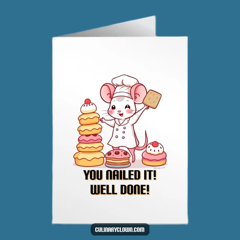 Free Printable Congrats Card: Kawaii Mouse Chef Pastry Tower Funny Downloadable Gift