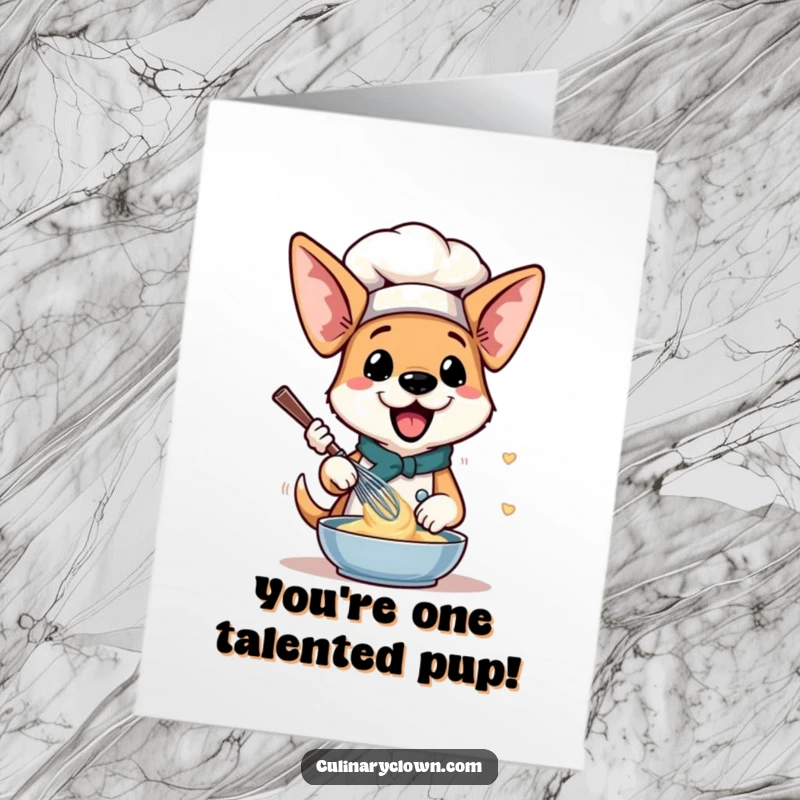 Funny Free Printable Congratulations Card: Excited dog chef with large floppy ears enthusiastically whisking batter.