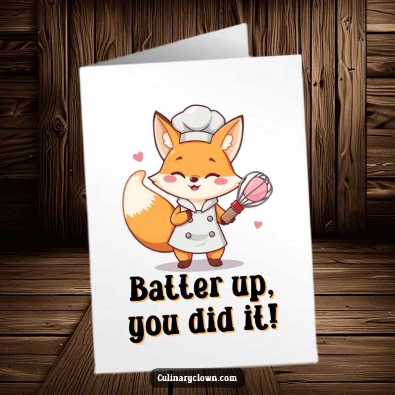 Funny Free Printable Congratulations Card: Fox chef joyfully whisking batter, celebrating any delicious success.