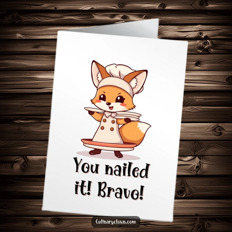 Funny Free Printable Congrats Card: A comical fox chef struggling to balance a tower of plates.