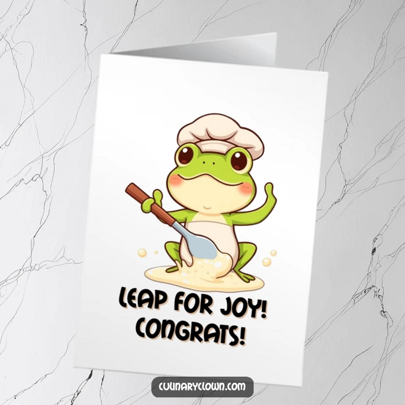 Funny Free Printable Congratulations Card: Kawaii frog chef gleefully splashing batter with a large spoon, celebrating a success.