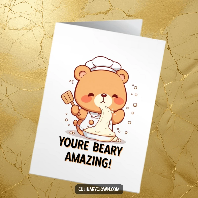 Funny free printable congratulations card showing a cute kawaii bear chef accidentally spraying flour everywhere in celebration.