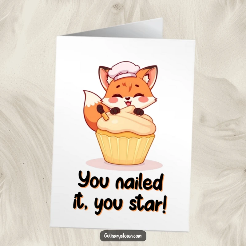 Funny Free Printable Congrats Card: Kawaii fox chef decorating a cupcake, celebrating your amazing accomplishment!