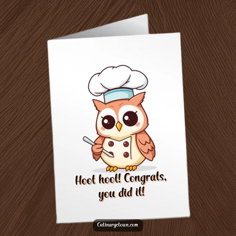 Funny Free Printable Congratulations Card: Kawaii owl chef wearing a tall hat, looking thoughtfully at a recipe, celebrating success.